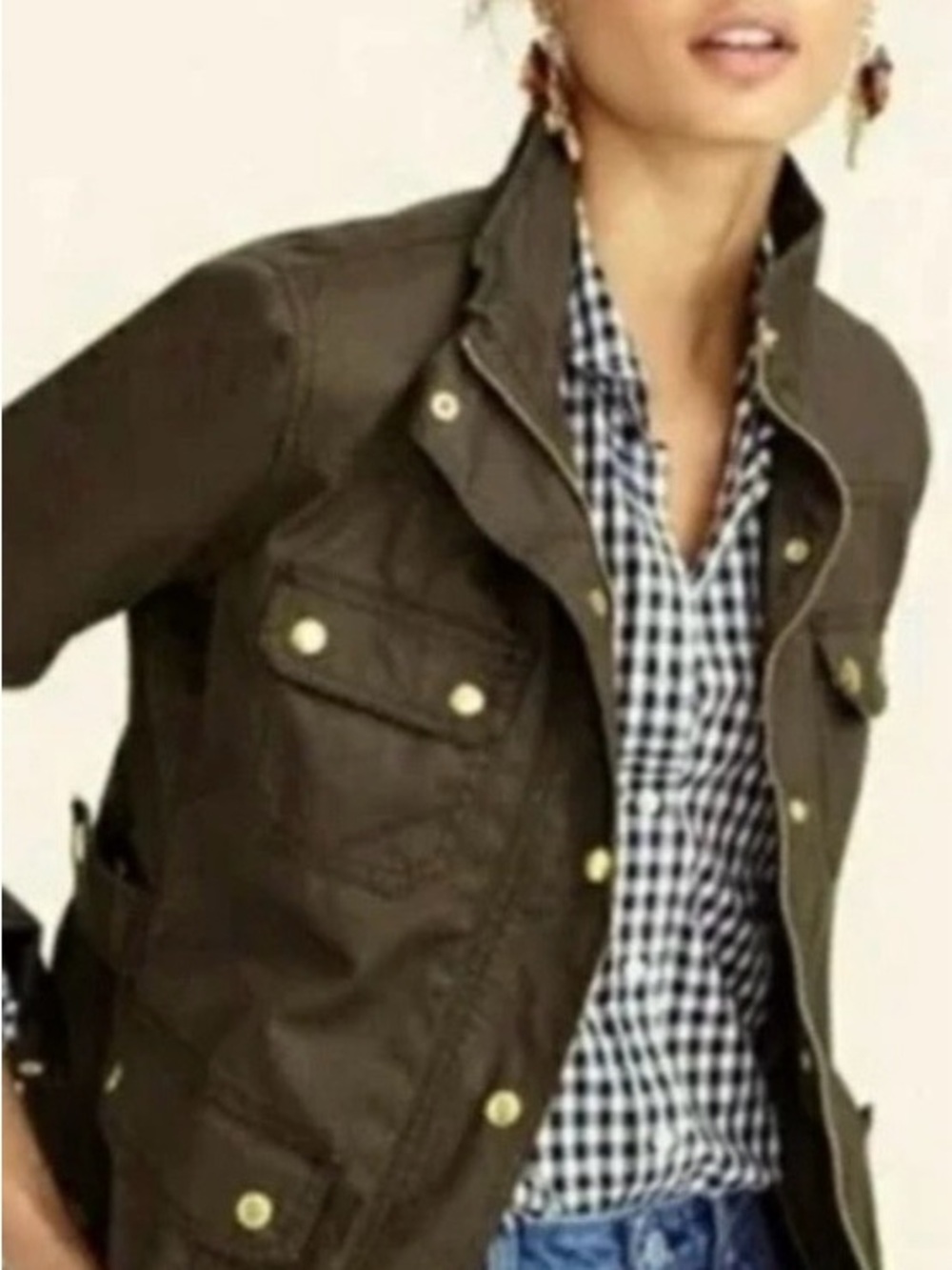J Crew Downtown Field Jacket Waxed Cotton Olive Green Womens Medium